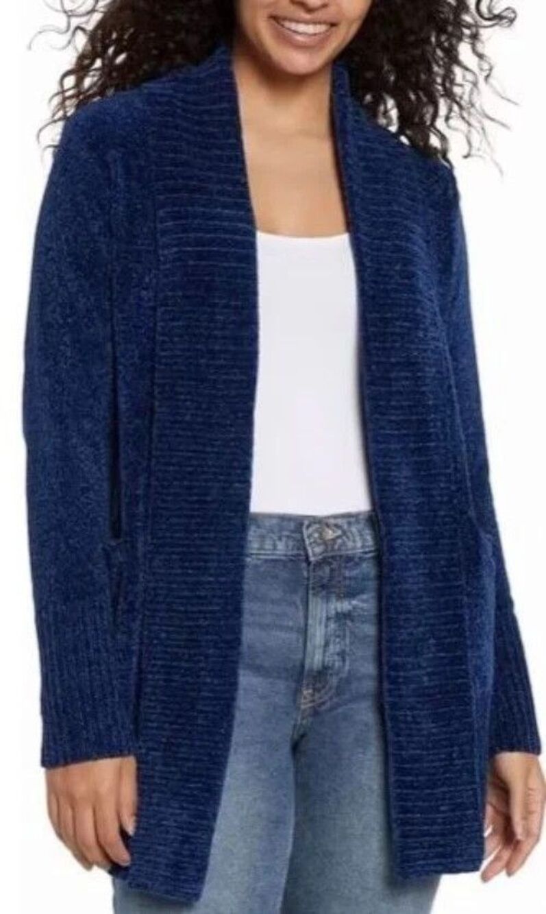 Orvis Women's Chenille Cardigan Sweater Estate Blue Open Front Pockets Size XS